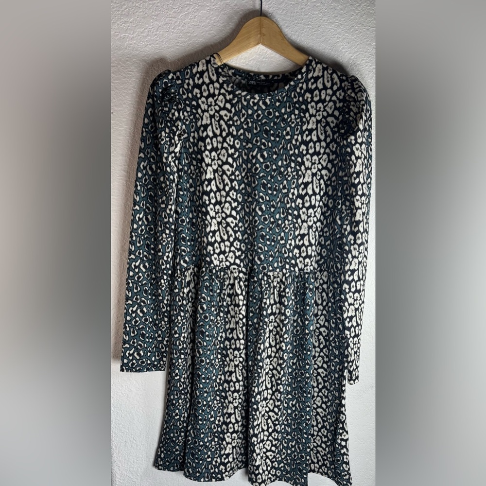 Zara Teal and Cream Leopard-Print Long‎ Sleeve Dress